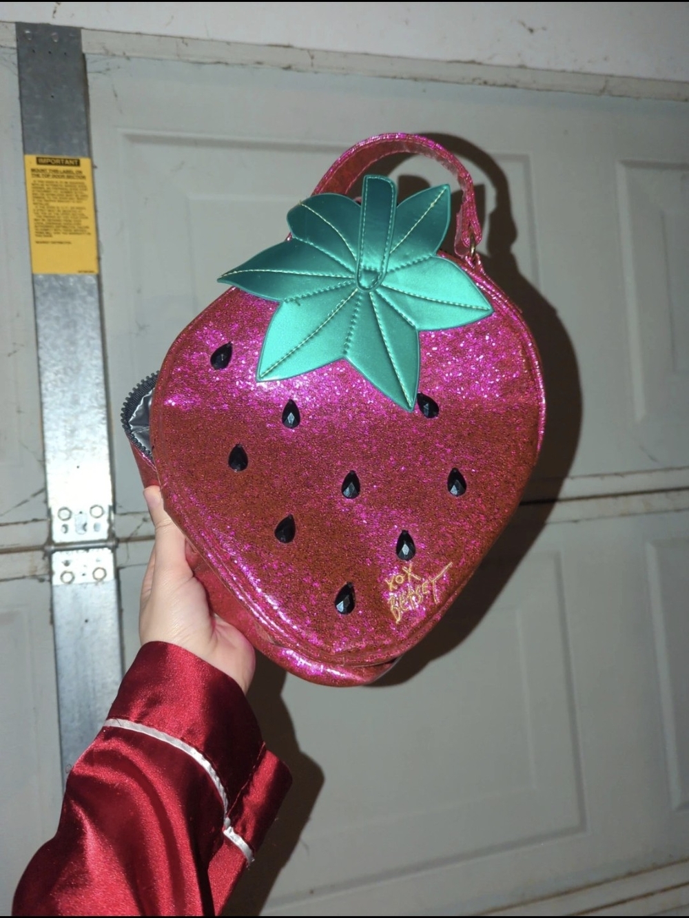 Glitter Strawberry Shoulder Bag in Pink with Green Leaf Accent